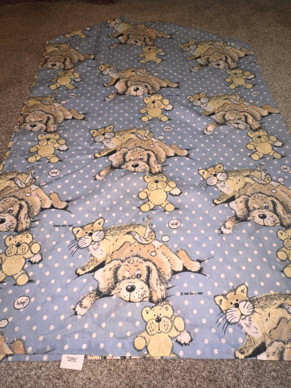 Vintage Sue Hall Snatch the Dog Cat Bear Twin Flat Sheet ONLY blue fabric 1987